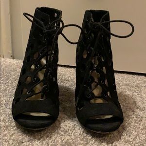 Black velvet cage heels with laces
